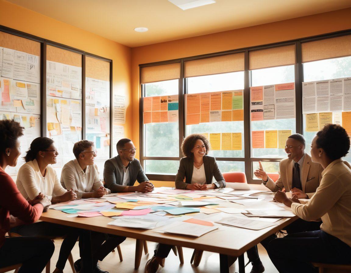 A vibrant community meeting scene, showcasing diverse individuals engaged in discussion around a large table filled with colorful documents and proposal drafts. The backdrop features a bulletin board filled with community event flyers and banners that emphasize collaboration. Sunlight streams through large windows, creating an inspiring and hopeful atmosphere. super-realistic. vibrant colors. warm lighting.