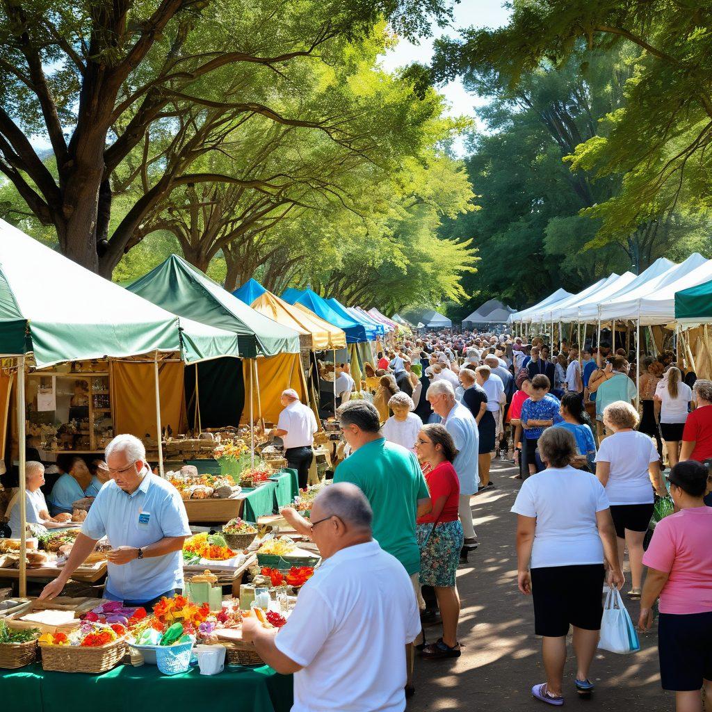 A vibrant scene showcasing a local auction in a lively community park, with diverse people engaged in bidding, colorful stalls displaying unique items, and a friendly atmosphere. In the background, local service providers are demonstrating their services, creating a sense of community connection and engagement. Bright sunlight filtering through trees, adding warmth to the scene. super-realistic. vibrant colors. community-focused.
